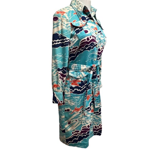 Toby Tanner Vintage 60s Abstract Belted Shirt Dress, Pockets, Blue Orange 10 - Picture 3 of 10